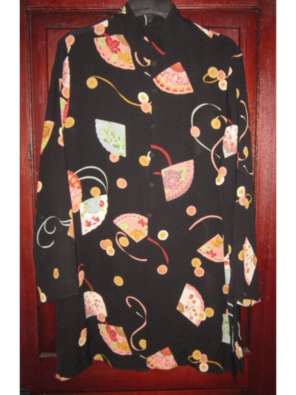 Anne Namba Hawaii L 100% Silk Tunic Blouse Kimono Asian Japanese Lagenlook Fans